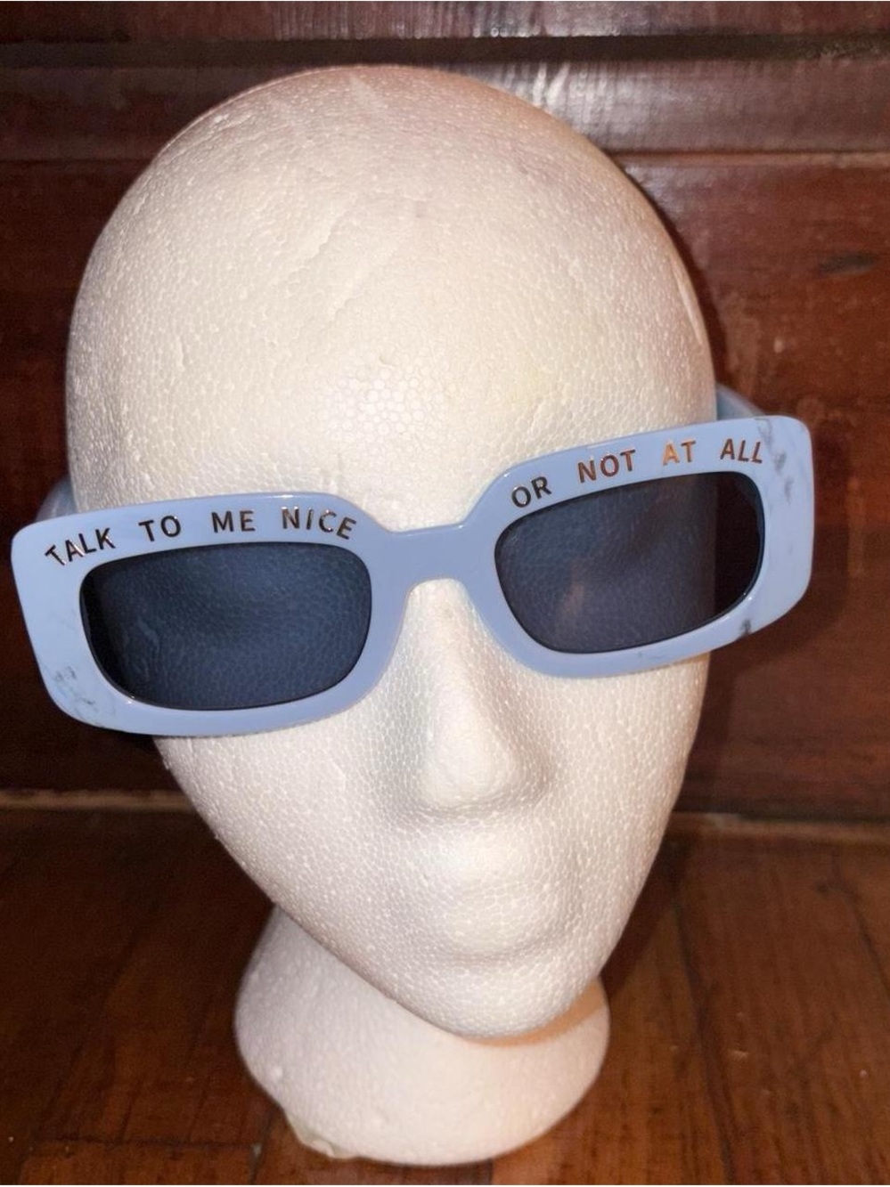 RARE Light Blue Rectangular Statement Sunglasses with Slogan